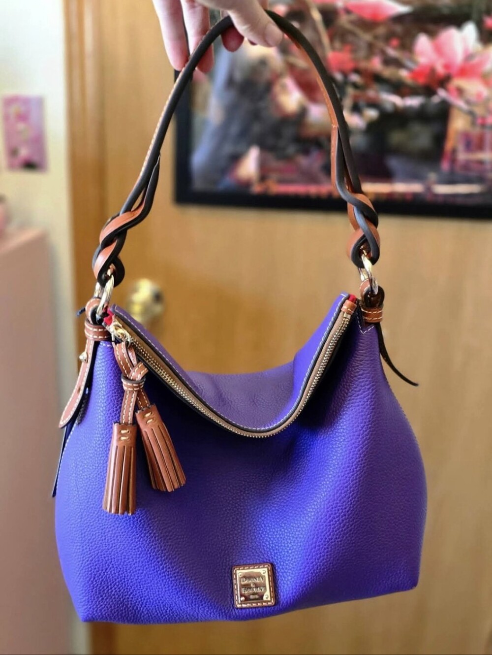 Dooney & Bourke Purple Leather Hobo Bag with Tan Accents